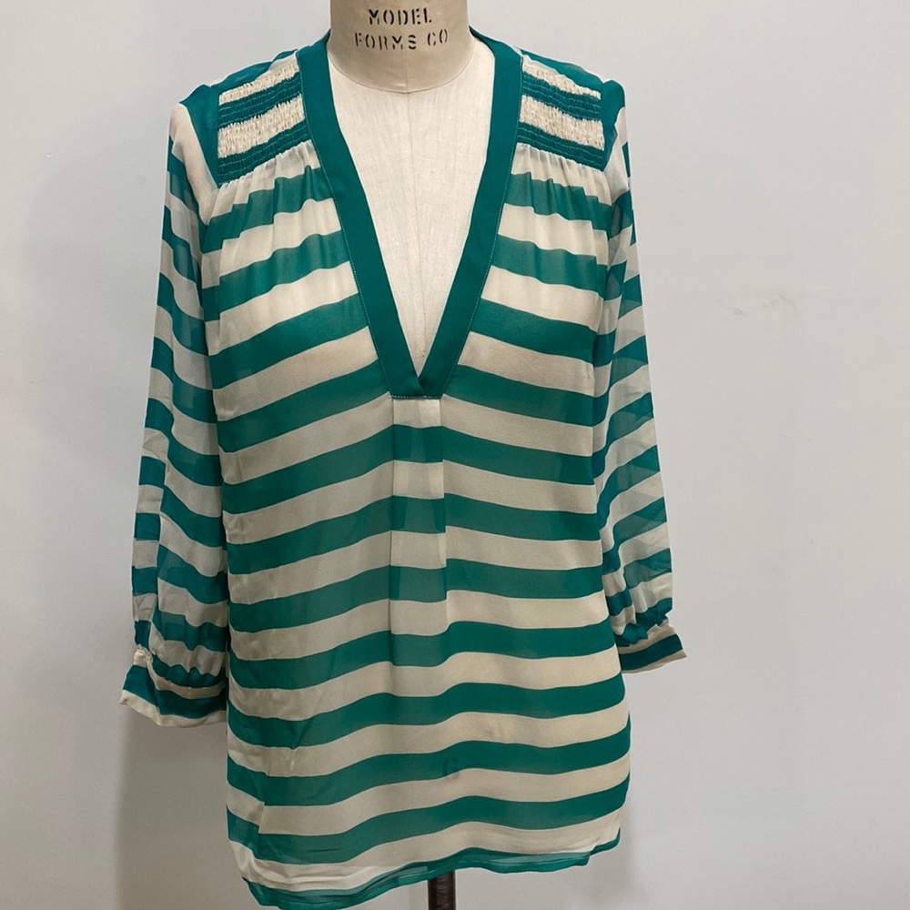 Joie green and off white striped 3/4 sleeve 100% silk blouse size XS